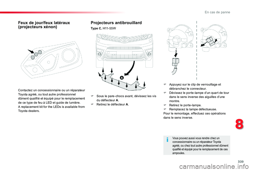 TOYOTA PROACE 2020 Notices Demploi (in French) 309
Projecteurs antibrouillard
Ty p e C, H11-55W
F Appuyez sur le clip de verrouillage et débranchez le connecteur.F Dévissez le porte-lampe d’un quart de tour dans le sens inverse des aiguilles TOYOTA PROACE 2020 Notices Demploi (in French) 309
Projecteurs antibrouillard
Ty p e C, H11-55W
F Appuyez sur le clip de verrouillage et débranchez le connecteur.F Dévissez le porte-lampe d’un quart de tour dans le sens inverse des aiguilles
