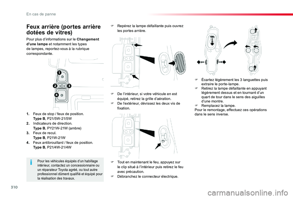 TOYOTA PROACE 2020 Notices Demploi (in French) 310
Feux arrière (portes arrière
dotées de vitres)
Pour plus d’informations sur le Changement d'une lampe et notamment les types de lampes, reportez-vous à la rubrique correspondante.
F Tou TOYOTA PROACE 2020 Notices Demploi (in French) 310
Feux arrière (portes arrière
dotées de vitres)
Pour plus d’informations sur le Changement d'une lampe et notamment les types de lampes, reportez-vous à la rubrique correspondante.
F Tou
