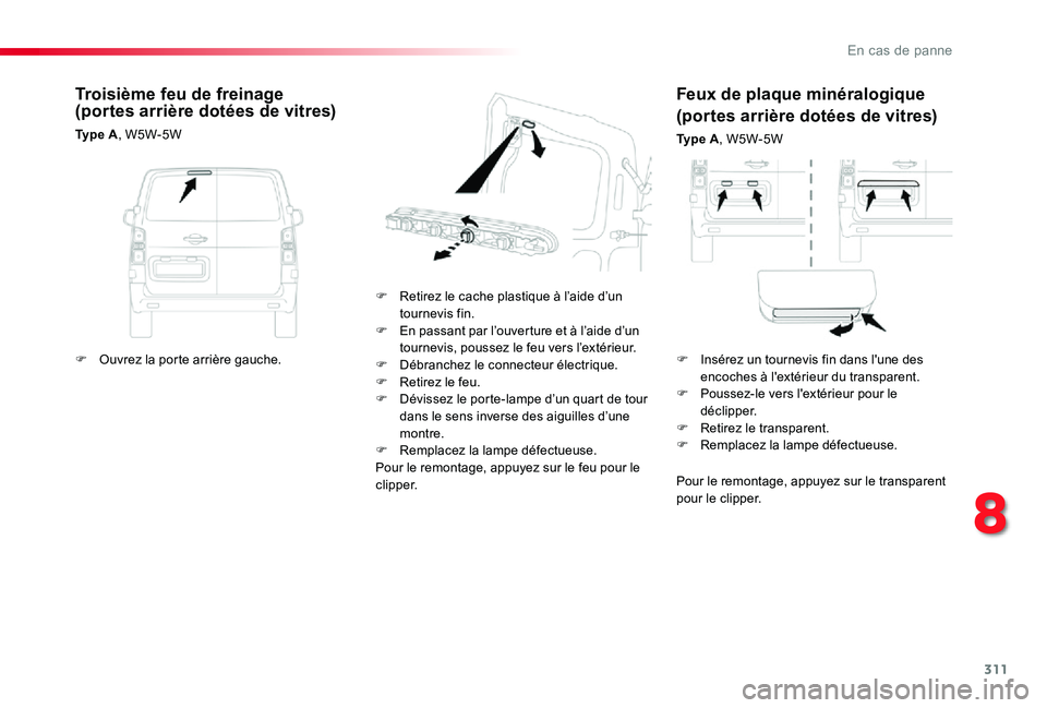 TOYOTA PROACE 2020 Notices Demploi (in French) 311
Feux de plaque minéralogique
(portes arrière dotées de vitres)
Ty p e A, W5W-5W
F Retirez le cache plastique à l’aide d’un tournevis fin.F En passant par l’ouverture et à l’aide d’ TOYOTA PROACE 2020 Notices Demploi (in French) 311
Feux de plaque minéralogique
(portes arrière dotées de vitres)
Ty p e A, W5W-5W
F Retirez le cache plastique à l’aide d’un tournevis fin.F En passant par l’ouverture et à l’aide d’