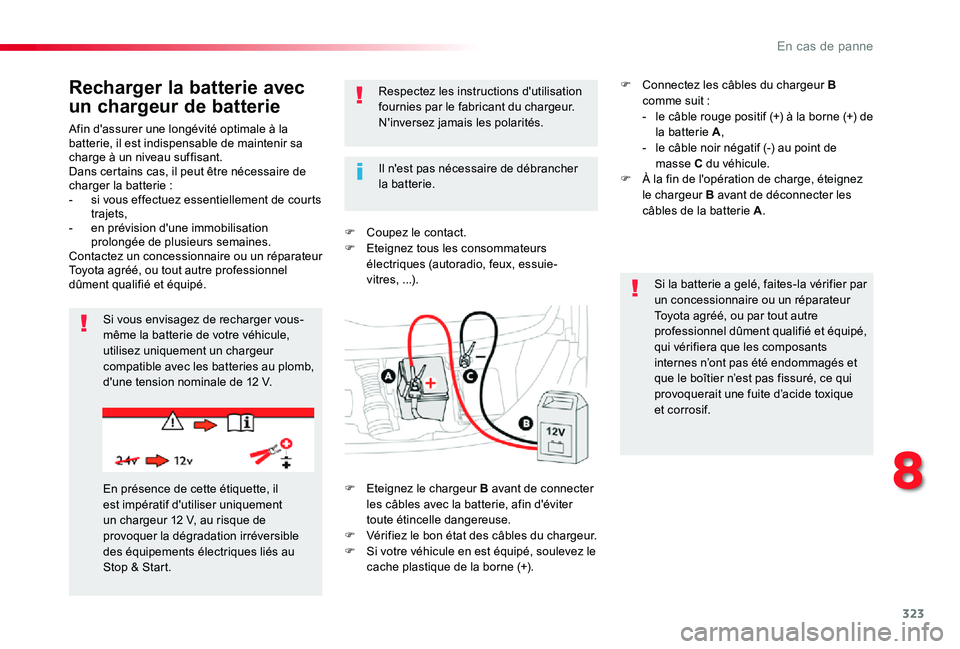 TOYOTA PROACE 2020  Notices Demploi (in French) 323
Afin d'assurer une longévité optimale à la batterie, il est indispensable de maintenir sa charge à un niveau suffisant.Dans certains cas, il peut être nécessaire de charger la batterie :