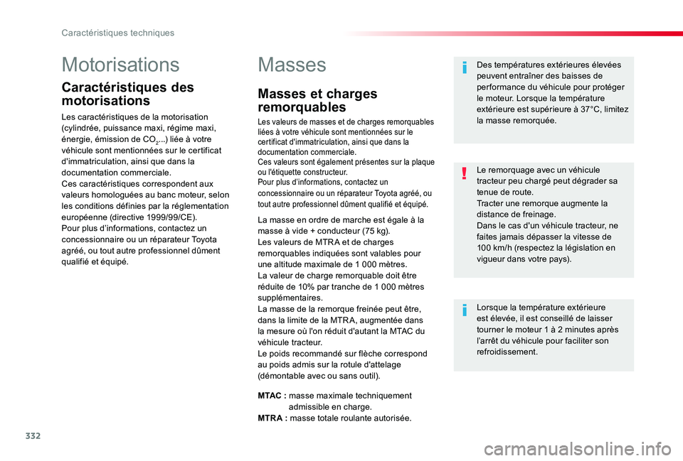 TOYOTA PROACE 2020  Notices Demploi (in French) 332
Motorisations
Caractéristiques des 
motorisations
Les caractéristiques de la motorisation (cylindrée, puissance maxi, régime maxi, énergie, émission de CO2...) liée à votre véhicule sont 