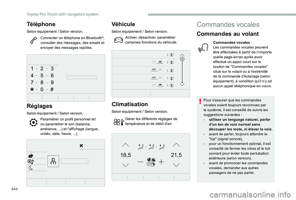 TOYOTA PROACE 2020  Notices Demploi (in French) 344
21,518,5
Téléphone
Selon équipement / Selon version.
Connecter un téléphone en Bluetooth®, consulter des messages, des emails et envoyer des messages rapides.
Réglages
Selon équipement / S