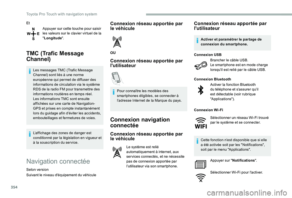 TOYOTA PROACE 2020  Notices Demploi (in French) 354
Et
Appuyer sur cette touche pour saisir les valeurs sur le clavier virtuel de la "Longitude".
TMC (Trafic Message 
Channel)
Les messages TMC (Trafic Message Channel) sont liés à une norm