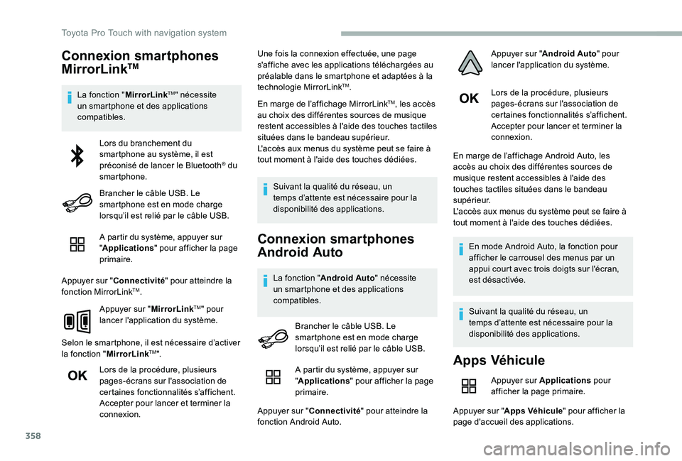 TOYOTA PROACE 2020  Notices Demploi (in French) 358
Connexion smartphones 
MirrorLinkTM
La fonction "MirrorLinkTM" nécessite un smartphone et des applications compatibles.
A partir du système, appuyer sur "Applications" pour affic