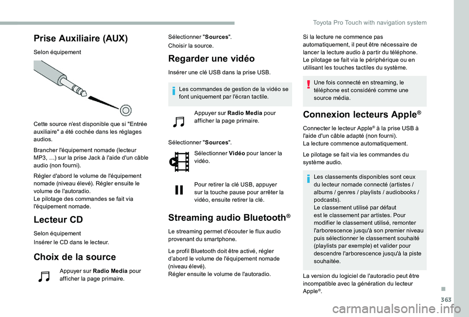 TOYOTA PROACE 2020 Notices Demploi (in French) 363
Prise Auxiliaire (AUX)
Selon équipement
Cette source n’est disponible que si "Entrée auxiliaire" a été cochée dans les réglages audios.
Brancher l'équipement nomade (lecteur M TOYOTA PROACE 2020 Notices Demploi (in French) 363
Prise Auxiliaire (AUX)
Selon équipement
Cette source n’est disponible que si "Entrée auxiliaire" a été cochée dans les réglages audios.
Brancher l'équipement nomade (lecteur M