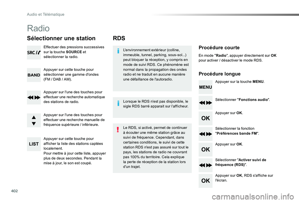 TOYOTA PROACE 2020 Notices Demploi (in French) 402
RDS
Procédure courte
Procédure longue
L'environnement extérieur (colline, immeuble, tunnel, parking, sous-sol...) peut bloquer la réception, y compris en mode de suivi RDS. Ce phénomène TOYOTA PROACE 2020 Notices Demploi (in French) 402
RDS
Procédure courte
Procédure longue
L'environnement extérieur (colline, immeuble, tunnel, parking, sous-sol...) peut bloquer la réception, y compris en mode de suivi RDS. Ce phénomène