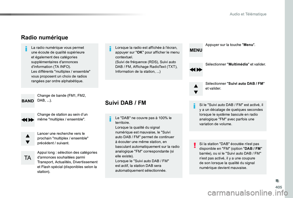 TOYOTA PROACE 2020 Notices Demploi (in French) 405
Sélectionner "Multimédia" et valider.
Sélectionner "Suivi auto DAB / FM" e t va l i d e r.
Appui long : sélection des catégories d'annonces souhaitées parmi Transport, Ac TOYOTA PROACE 2020 Notices Demploi (in French) 405
Sélectionner "Multimédia" et valider.
Sélectionner "Suivi auto DAB / FM" e t va l i d e r.
Appui long : sélection des catégories d'annonces souhaitées parmi Transport, Ac