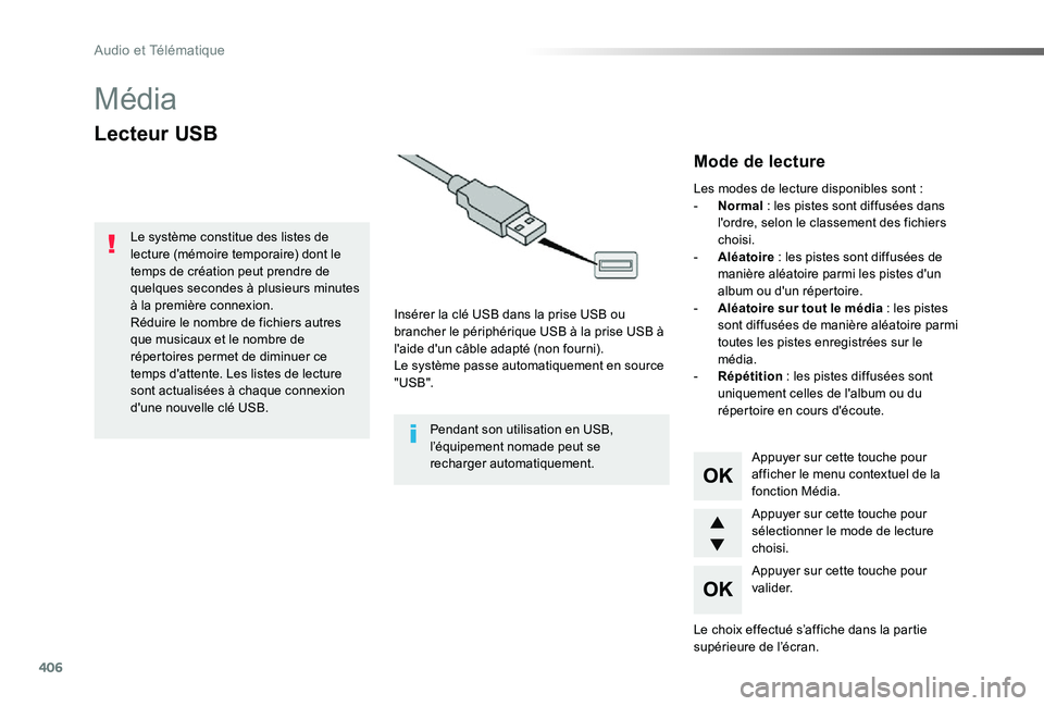 TOYOTA PROACE 2020 Notices Demploi (in French) 406
Média
Lecteur USB
Insérer la clé USB dans la prise USB ou brancher le périphérique USB à la prise USB à l'aide d'un câble adapté (non fourni).Le système passe automatiquement en TOYOTA PROACE 2020 Notices Demploi (in French) 406
Média
Lecteur USB
Insérer la clé USB dans la prise USB ou brancher le périphérique USB à la prise USB à l'aide d'un câble adapté (non fourni).Le système passe automatiquement en