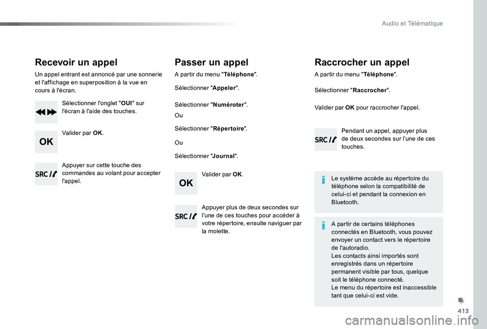 TOYOTA PROACE 2020 Notices Demploi (in French) 413
Recevoir un appel
Un appel entrant est annoncé par une sonnerie et l'affichage en superposition à la vue en cours à l'écran.
Sélectionner l'onglet "OUI" sur l'écran à TOYOTA PROACE 2020 Notices Demploi (in French) 413
Recevoir un appel
Un appel entrant est annoncé par une sonnerie et l'affichage en superposition à la vue en cours à l'écran.
Sélectionner l'onglet "OUI" sur l'écran Ã
