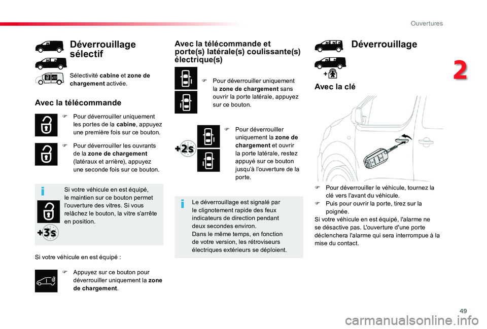 TOYOTA PROACE 2020 Notices Demploi (in French) 49
Avec la clé
F Pour déverrouiller uniquement les portes de la cabine, appuyez une première fois sur ce bouton.
F Pour déverrouiller les ouvrants de la zone de chargement (latéraux et arrière), TOYOTA PROACE 2020 Notices Demploi (in French) 49
Avec la clé
F Pour déverrouiller uniquement les portes de la cabine, appuyez une première fois sur ce bouton.
F Pour déverrouiller les ouvrants de la zone de chargement (latéraux et arrière),
