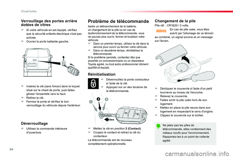 TOYOTA PROACE 2020 Notices Demploi (in French) 54
Changement de la pile
Ne jetez pas les piles de télécommande, elles contiennent des métaux nocifs pour l'environnement.Rapportez-les à un point de collecte agréé.
En cas de pile usée, vo TOYOTA PROACE 2020 Notices Demploi (in French) 54
Changement de la pile
Ne jetez pas les piles de télécommande, elles contiennent des métaux nocifs pour l'environnement.Rapportez-les à un point de collecte agréé.
En cas de pile usée, vo