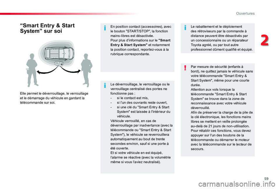 TOYOTA PROACE 2020 Notices Demploi (in French) 59
Le déverrouillage, le verrouillage ou le verrouillage centralisé des portes ne fonctionne pas :- si le contact est mis,- si l’un des ouvrants reste ouvert,- si une clé du "Smart Entry & St TOYOTA PROACE 2020 Notices Demploi (in French) 59
Le déverrouillage, le verrouillage ou le verrouillage centralisé des portes ne fonctionne pas :- si le contact est mis,- si l’un des ouvrants reste ouvert,- si une clé du "Smart Entry & St