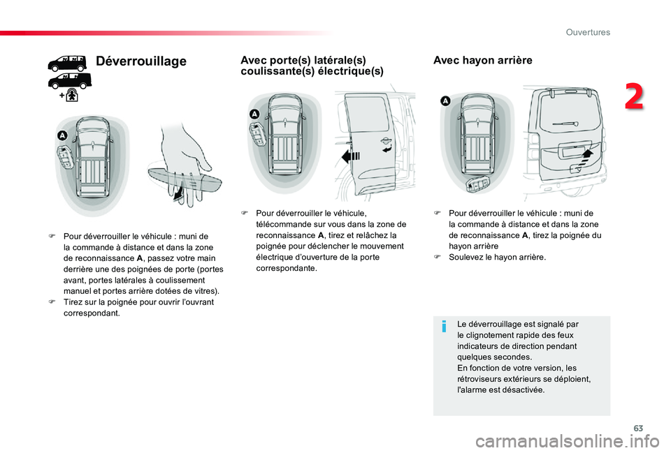 TOYOTA PROACE 2020 Notices Demploi (in French) 63
Déverrouillage
F Pour déverrouiller le véhicule : muni de la commande à distance et dans la zone de reconnaissance A, passez votre main derrière une des poignées de porte (portes avant, porte TOYOTA PROACE 2020 Notices Demploi (in French) 63
Déverrouillage
F Pour déverrouiller le véhicule : muni de la commande à distance et dans la zone de reconnaissance A, passez votre main derrière une des poignées de porte (portes avant, porte
