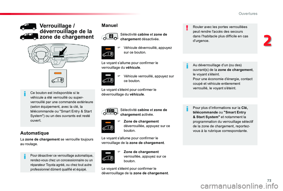 TOYOTA PROACE 2020 Notices Demploi (in French) 73
F Véhicule déverrouillé, appuyez sur ce bouton.
F Zone de chargement verrouillée, appuyez sur ce bouton.
Pour plus d’informations sur la Clé, télécommande ou "Smar t Entr y & Star t Sy TOYOTA PROACE 2020 Notices Demploi (in French) 73
F Véhicule déverrouillé, appuyez sur ce bouton.
F Zone de chargement verrouillée, appuyez sur ce bouton.
Pour plus d’informations sur la Clé, télécommande ou "Smar t Entr y & Star t Sy