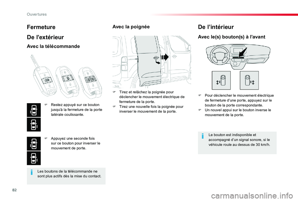 TOYOTA PROACE 2020 Notices Demploi (in French) 82
Les boutons de la télécommande ne sont plus actifs dès la mise du contact.
Fermeture
De l’extérieur
F Pour déclencher le mouvement électrique de fermeture d’une porte, appuyez sur le bout TOYOTA PROACE 2020 Notices Demploi (in French) 82
Les boutons de la télécommande ne sont plus actifs dès la mise du contact.
Fermeture
De l’extérieur
F Pour déclencher le mouvement électrique de fermeture d’une porte, appuyez sur le bout