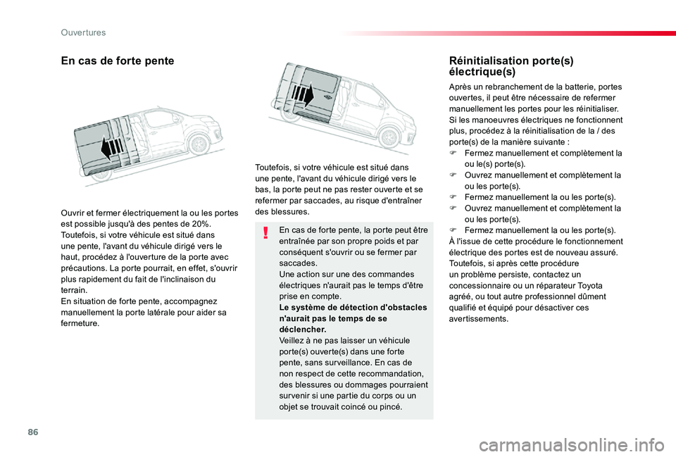 TOYOTA PROACE 2020 Notices Demploi (in French) 86
En cas de forte pente, la porte peut être entraînée par son propre poids et par conséquent s'ouvrir ou se fermer par saccades.Une action sur une des commandes électriques n'aurait pas TOYOTA PROACE 2020 Notices Demploi (in French) 86
En cas de forte pente, la porte peut être entraînée par son propre poids et par conséquent s'ouvrir ou se fermer par saccades.Une action sur une des commandes électriques n'aurait pas