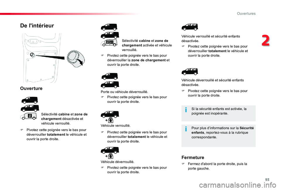 TOYOTA PROACE 2020 Notices Demploi (in French) 93
Si la sécurité enfants est activée, la poignée est inopérante.
Pour plus d’informations sur la Sécurité enfants, reportez-vous à la rubrique correspondante.
De l'intérieur
Ouverture
TOYOTA PROACE 2020 Notices Demploi (in French) 93
Si la sécurité enfants est activée, la poignée est inopérante.
Pour plus d’informations sur la Sécurité enfants, reportez-vous à la rubrique correspondante.
De l'intérieur
Ouverture