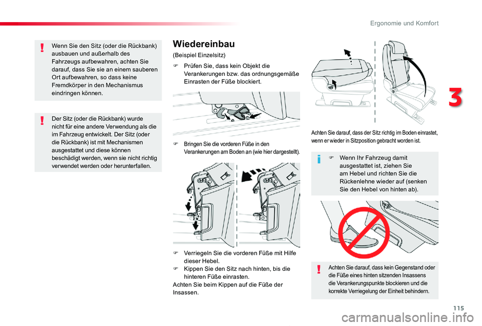 TOYOTA PROACE 2020 Betriebsanleitungen (in German) 115
Proace_de_Chap03_ergonomie-et-confort_ed2019_V02
F Verriegeln Sie die vorderen Füße mit Hilfe dieser Hebel.F Kippen Sie den Sitz nach hinten, bis die hinteren Füße einrasten.Achten Sie beim Ki TOYOTA PROACE 2020 Betriebsanleitungen (in German) 115
Proace_de_Chap03_ergonomie-et-confort_ed2019_V02
F Verriegeln Sie die vorderen Füße mit Hilfe dieser Hebel.F Kippen Sie den Sitz nach hinten, bis die hinteren Füße einrasten.Achten Sie beim Ki