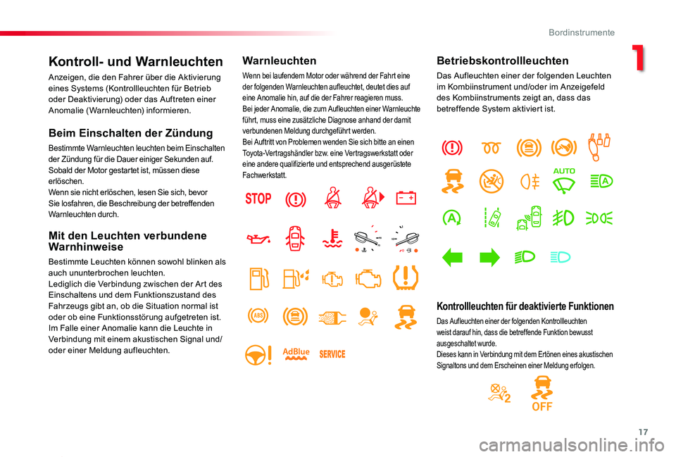 TOYOTA PROACE 2020 Betriebsanleitungen (in German) 17
Proace_de_Chap01_instruments-de-bord_ed2019_V02
Kontroll- und Warnleuchten
Anzeigen, die den Fahrer über die Aktivierung eines Systems (Kontrollleuchten für Betrieb oder Deaktivierung) oder das A TOYOTA PROACE 2020 Betriebsanleitungen (in German) 17
Proace_de_Chap01_instruments-de-bord_ed2019_V02
Kontroll- und Warnleuchten
Anzeigen, die den Fahrer über die Aktivierung eines Systems (Kontrollleuchten für Betrieb oder Deaktivierung) oder das A