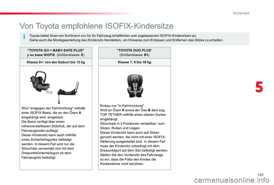 TOYOTA PROACE 2020 Betriebsanleitungen (in German) 187
Proace_de_Chap05_securite_ed2019_V02
Von Toyota empfohlene ISOFIX-Kindersitze
Toyota bietet Ihnen ein Sortiment von für Ihr Fahrzeug erhältlichen und zugelassenen ISOFIX-Kindersitzen an.Siehe au TOYOTA PROACE 2020 Betriebsanleitungen (in German) 187
Proace_de_Chap05_securite_ed2019_V02
Von Toyota empfohlene ISOFIX-Kindersitze
Toyota bietet Ihnen ein Sortiment von für Ihr Fahrzeug erhältlichen und zugelassenen ISOFIX-Kindersitzen an.Siehe au