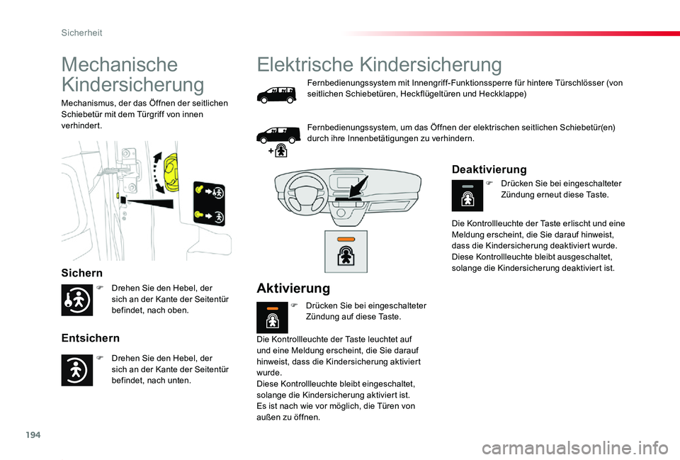 TOYOTA PROACE 2020 Betriebsanleitungen (in German) 194
Proace_de_Chap05_securite_ed2019_V02
Mechanische
Kindersicherung
Sichern
Entsichern
Mechanismus, der das Öffnen der seitlichen Schiebetür mit dem Türgriff von innen verhindert.
Elektrische Kin TOYOTA PROACE 2020 Betriebsanleitungen (in German) 194
Proace_de_Chap05_securite_ed2019_V02
Mechanische
Kindersicherung
Sichern
Entsichern
Mechanismus, der das Öffnen der seitlichen Schiebetür mit dem Türgriff von innen verhindert.
Elektrische Kin