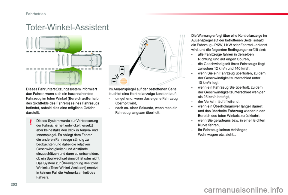 TOYOTA PROACE 2020  Betriebsanleitungen (in German) 252
Proace_de_Chap06_conduite_ed2019_V02
Toter-Winkel-Assistent
Im Außenspiegel auf der betroffenen Seite leuchtet eine Kontrollanzeige konstant auf:- umgehend, wenn das eigene Fahrzeug überholt wir