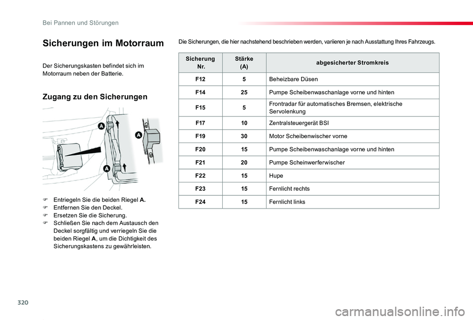 TOYOTA PROACE 2020  Betriebsanleitungen (in German) 320
Proace_de_Chap08_En-cas-de-panne_ed2019_V02
Sicherungen im Motorraum
F Entriegeln Sie die beiden Riegel A.F Entfernen Sie den Deckel.F Ersetzen Sie die Sicherung.F Schließen Sie nach dem Austausc