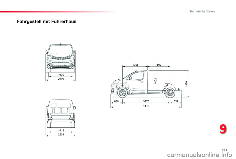 TOYOTA PROACE 2020  Betriebsanleitungen (in German) 331
Proace_de_Chap09_caracteristiques-techniques_ed2019_V02
Fahrgestell mit Führerhaus
9 
Technische Daten  
