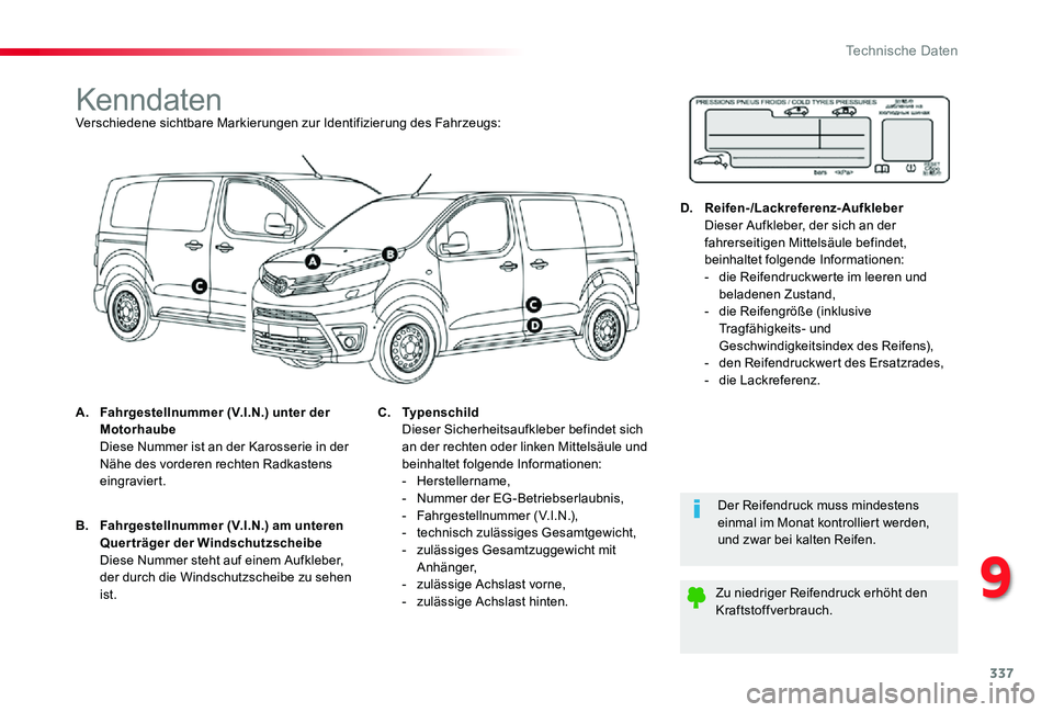 TOYOTA PROACE 2020  Betriebsanleitungen (in German) 337
Proace_de_Chap09_caracteristiques-techniques_ed2019_V02
KenndatenVerschiedene sichtbare Markierungen zur Identifizierung des Fahrzeugs:
A. Fahrgestellnummer (V.I.N.) unter der Motorhaube  Diese Nu