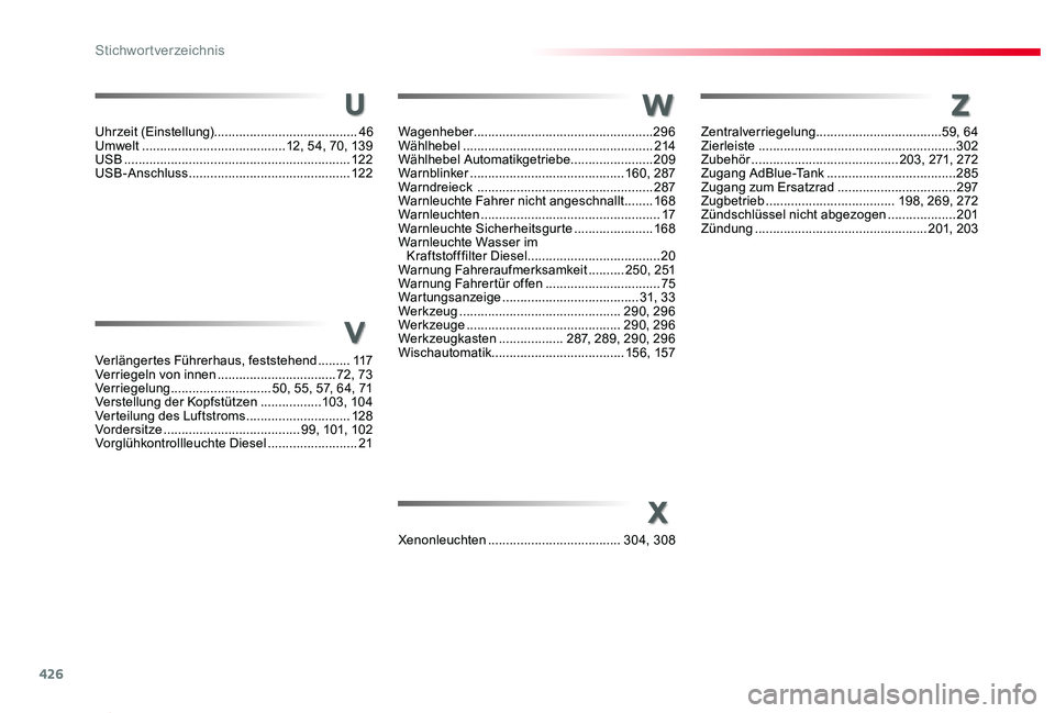 TOYOTA PROACE 2020 Betriebsanleitungen (in German) 426
Proace_de_Chap11_index-alpha_ed2019_V02
t
Verlängertes Führerhaus, feststehend .........117Verriegeln von innen .................................72, 73Verriegelung ............................5 TOYOTA PROACE 2020 Betriebsanleitungen (in German) 426
Proace_de_Chap11_index-alpha_ed2019_V02
t
Verlängertes Führerhaus, feststehend .........117Verriegeln von innen .................................72, 73Verriegelung ............................5
