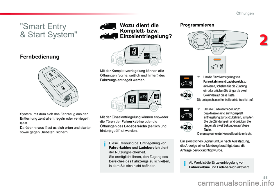 TOYOTA PROACE 2020 Betriebsanleitungen (in German) 55
Proace_de_Chap02_ouvertures_ed2019_V02
"Smart Entry
& Start System"
System, mit dem sich das Fahrzeug aus der Entfernung zentral entriegeln oder verriegeln lässt.Darüber hinaus lässt e TOYOTA PROACE 2020 Betriebsanleitungen (in German) 55
Proace_de_Chap02_ouvertures_ed2019_V02
"Smart Entry
& Start System"
System, mit dem sich das Fahrzeug aus der Entfernung zentral entriegeln oder verriegeln lässt.Darüber hinaus lässt e