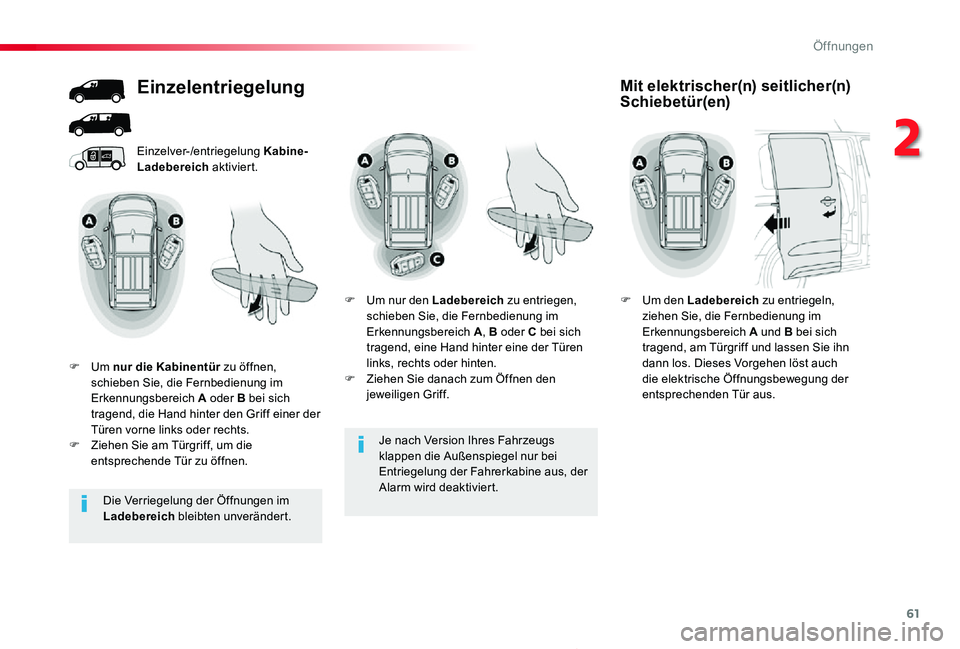TOYOTA PROACE 2020 Betriebsanleitungen (in German) 61
Proace_de_Chap02_ouvertures_ed2019_V02
Je nach Version Ihres Fahrzeugs
klappen die Außenspiegel nur bei Entriegelung der Fahrerkabine aus, der Alarm wird deaktiviert.
Einzelver-/entriegelung Kabi TOYOTA PROACE 2020 Betriebsanleitungen (in German) 61
Proace_de_Chap02_ouvertures_ed2019_V02
Je nach Version Ihres Fahrzeugs
klappen die Außenspiegel nur bei Entriegelung der Fahrerkabine aus, der Alarm wird deaktiviert.
Einzelver-/entriegelung Kabi