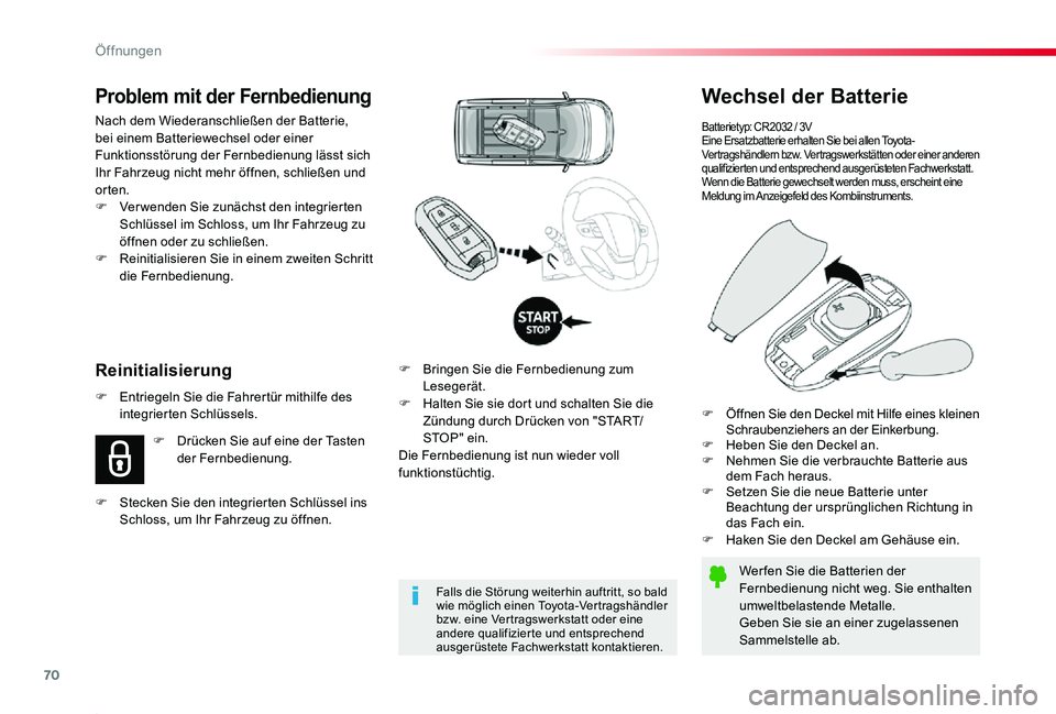 TOYOTA PROACE 2020 Betriebsanleitungen (in German) 70
Proace_de_Chap02_ouvertures_ed2019_V02
Wechsel der Batterie
Batterietyp: CR2032 / 3VEine Ersatzbatterie erhalten Sie bei allen Toyota-Vertragshändlern bzw. Vertragswerkstätten oder einer anderen TOYOTA PROACE 2020 Betriebsanleitungen (in German) 70
Proace_de_Chap02_ouvertures_ed2019_V02
Wechsel der Batterie
Batterietyp: CR2032 / 3VEine Ersatzbatterie erhalten Sie bei allen Toyota-Vertragshändlern bzw. Vertragswerkstätten oder einer anderen