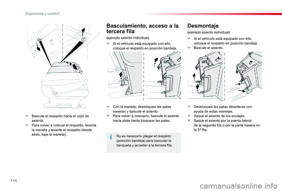 TOYOTA PROACE 2020 Manuale de Empleo (in Spanish) 114
F Si el vehículo está equipado con ello, coloque el respaldo en posición bandeja.F Bascule el asiento.
F Con la maneta, desbloquee las patas traseras y bascule el asiento.F Para volver a coloca TOYOTA PROACE 2020 Manuale de Empleo (in Spanish) 114
F Si el vehículo está equipado con ello, coloque el respaldo en posición bandeja.F Bascule el asiento.
F Con la maneta, desbloquee las patas traseras y bascule el asiento.F Para volver a coloca
