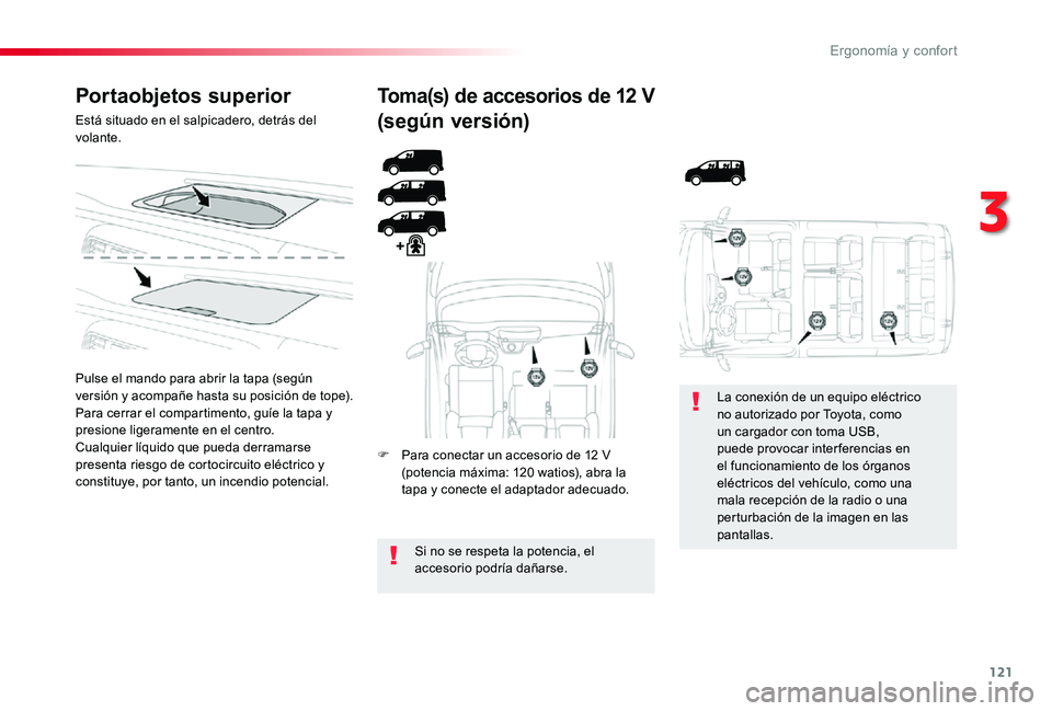 TOYOTA PROACE 2020 Manuale de Empleo (in Spanish) 121
Portaobjetos superior
Está situado en el salpicadero, detrás del volante.
Pulse el mando para abrir la tapa (según versión y acompañe hasta su posición de tope).Para cerrar el compartimento, TOYOTA PROACE 2020 Manuale de Empleo (in Spanish) 121
Portaobjetos superior
Está situado en el salpicadero, detrás del volante.
Pulse el mando para abrir la tapa (según versión y acompañe hasta su posición de tope).Para cerrar el compartimento,