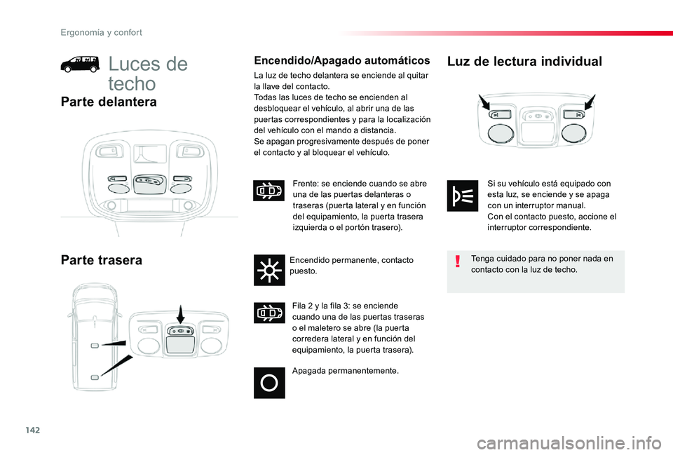 TOYOTA PROACE 2020 Manuale de Empleo (in Spanish) 142
Luz de lectura individual
Parte trasera
Luces de
techo
Encendido/Apagado automáticos
La luz de techo delantera se enciende al quitar la llave del contacto.Todas las luces de techo se encienden a TOYOTA PROACE 2020 Manuale de Empleo (in Spanish) 142
Luz de lectura individual
Parte trasera
Luces de
techo
Encendido/Apagado automáticos
La luz de techo delantera se enciende al quitar la llave del contacto.Todas las luces de techo se encienden a