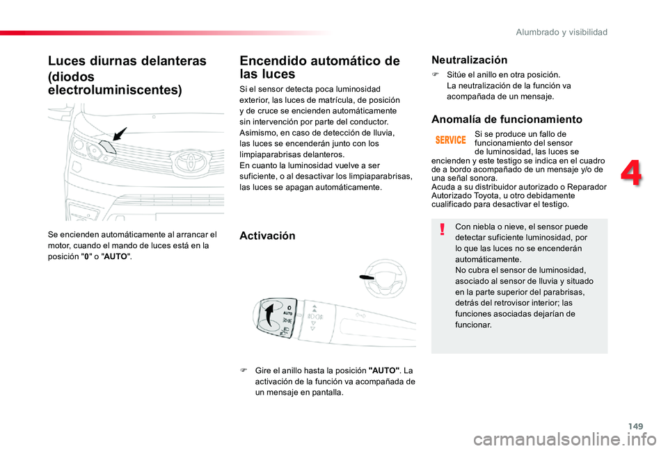 TOYOTA PROACE 2020 Manuale de Empleo (in Spanish) 149
Luces diurnas delanteras
(diodos
electroluminiscentes)
Se encienden automáticamente al arrancar el motor, cuando el mando de luces está en la posición "0" o "AUTO".
Encendido a TOYOTA PROACE 2020 Manuale de Empleo (in Spanish) 149
Luces diurnas delanteras
(diodos
electroluminiscentes)
Se encienden automáticamente al arrancar el motor, cuando el mando de luces está en la posición "0" o "AUTO".
Encendido a
