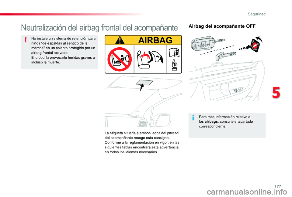 TOYOTA PROACE 2020 Manuale de Empleo (in Spanish) 177
Airbag del acompañante OFF
Para más información relativa a los airbags, consulte el apartado correspondiente.
Neutralización del airbag frontal del acompañante
No instale un sistema de retenc TOYOTA PROACE 2020 Manuale de Empleo (in Spanish) 177
Airbag del acompañante OFF
Para más información relativa a los airbags, consulte el apartado correspondiente.
Neutralización del airbag frontal del acompañante
No instale un sistema de retenc