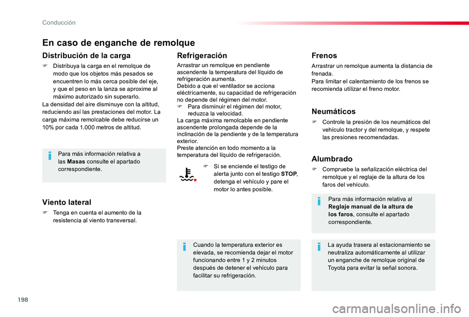 TOYOTA PROACE 2020 Manuale de Empleo (in Spanish) 198
En caso de enganche de remolque
Distribución de la carga
F Distribuya la carga en el remolque de modo que los objetos más pesados se encuentren lo más cerca posible del eje, y que el peso en la TOYOTA PROACE 2020 Manuale de Empleo (in Spanish) 198
En caso de enganche de remolque
Distribución de la carga
F Distribuya la carga en el remolque de modo que los objetos más pesados se encuentren lo más cerca posible del eje, y que el peso en la