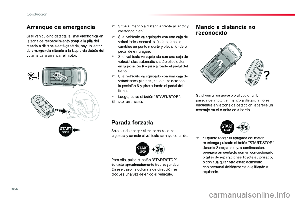 TOYOTA PROACE 2020 Manuale de Empleo (in Spanish) 204
Arranque de emergencia
Si el vehÃculo no detecta la llave electrónica en la zona de reconocimiento porque la pila del mando a distancia está gastada, hay un lector de emergencia situado a la iz TOYOTA PROACE 2020 Manuale de Empleo (in Spanish) 204
Arranque de emergencia
Si el vehÃculo no detecta la llave electrónica en la zona de reconocimiento porque la pila del mando a distancia está gastada, hay un lector de emergencia situado a la iz