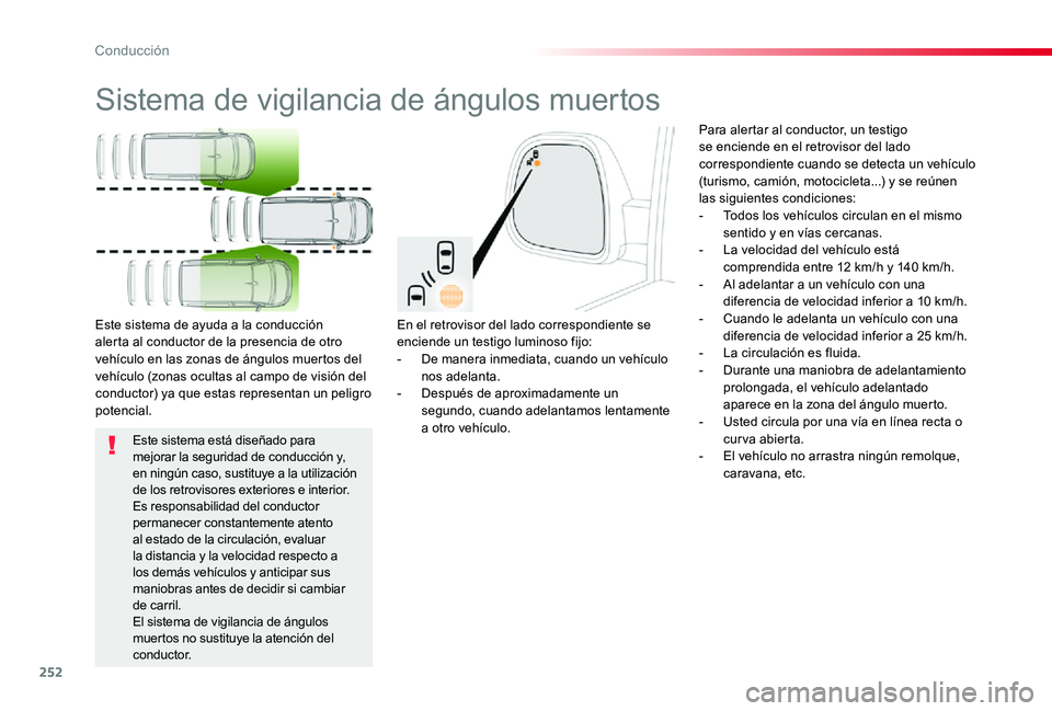 TOYOTA PROACE 2020  Manuale de Empleo (in Spanish) 252
Sistema de vigilancia de ángulos muertos
En el retrovisor del lado correspondiente se enciende un testigo luminoso fijo:- De manera inmediata, cuando un vehículo nos adelanta.- Después de aprox