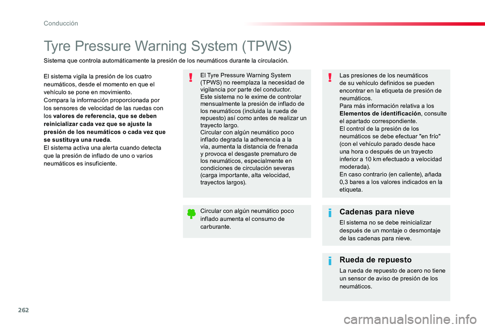TOYOTA PROACE 2020  Manuale de Empleo (in Spanish) 262
Tyre Pressure Warning System (TPWS)
El sistema vigila la presión de los cuatro neumáticos, desde el momento en que el vehículo se pone en movimiento.Compara la información proporcionada por lo