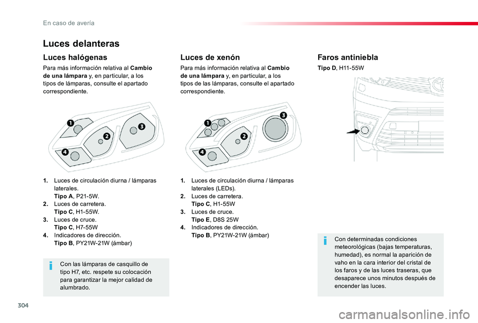 TOYOTA PROACE 2020 Manuale de Empleo (in Spanish) 304
Luces delanteras
Luces de xenón
Para más información relativa al Cambio de una lámpara y, en particular, a los tipos de las lámparas, consulte el apartado correspondiente.
Luces halógenas
Pa TOYOTA PROACE 2020 Manuale de Empleo (in Spanish) 304
Luces delanteras
Luces de xenón
Para más información relativa al Cambio de una lámpara y, en particular, a los tipos de las lámparas, consulte el apartado correspondiente.
Luces halógenas
Pa