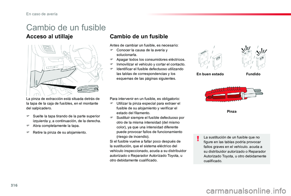 TOYOTA PROACE 2020 Manuale de Empleo (in Spanish) 316
F Suelte la tapa tirando de la parte superior izquierda y, a continuación, de la derecha.F Abra completamente la tapa.
En buen estadoFundido
Pinza
Acceso al utillaje
F Retire la pinza de su aloja TOYOTA PROACE 2020 Manuale de Empleo (in Spanish) 316
F Suelte la tapa tirando de la parte superior izquierda y, a continuación, de la derecha.F Abra completamente la tapa.
En buen estadoFundido
Pinza
Acceso al utillaje
F Retire la pinza de su aloja