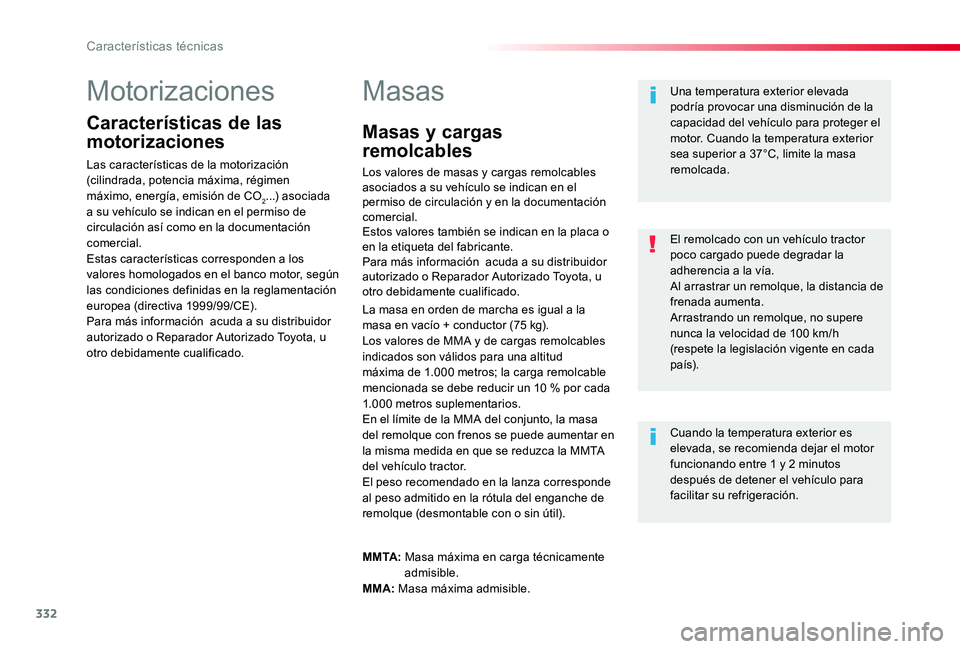 TOYOTA PROACE 2020 Manuale de Empleo (in Spanish) 332
Motorizaciones
Características de las
motorizaciones
Las características de la motorización (cilindrada, potencia máxima, régimen máximo, energía, emisión de CO2...) asociada a su vehícu TOYOTA PROACE 2020 Manuale de Empleo (in Spanish) 332
Motorizaciones
Características de las
motorizaciones
Las características de la motorización (cilindrada, potencia máxima, régimen máximo, energía, emisión de CO2...) asociada a su vehícu