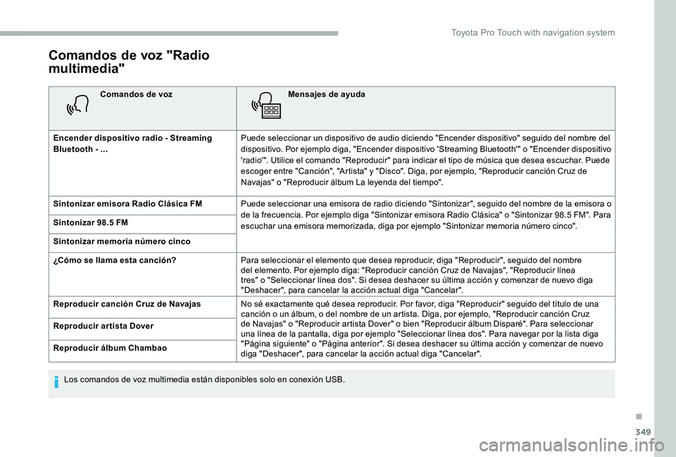 TOYOTA PROACE 2020 Manuale de Empleo (in Spanish) 349
Comandos de voz "Radio
multimedia"
Comandos de vozMensajes de ayuda
Encender dispositivo radio - Streaming Bluetooth - ...Puede seleccionar un dispositivo de audio diciendo "Encender TOYOTA PROACE 2020 Manuale de Empleo (in Spanish) 349
Comandos de voz "Radio
multimedia"
Comandos de vozMensajes de ayuda
Encender dispositivo radio - Streaming Bluetooth - ...Puede seleccionar un dispositivo de audio diciendo "Encender
