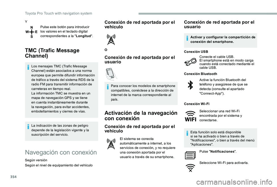 TOYOTA PROACE 2020 Manuale de Empleo (in Spanish) 354
Y
Pulse este botón para introducir los valores en el teclado digital correspondientes a la "Longitud".
TMC (Trafic Message
Channel)
Los mensajes TMC (Trafic Message Channel) están asoci TOYOTA PROACE 2020 Manuale de Empleo (in Spanish) 354
Y
Pulse este botón para introducir los valores en el teclado digital correspondientes a la "Longitud".
TMC (Trafic Message
Channel)
Los mensajes TMC (Trafic Message Channel) están asoci