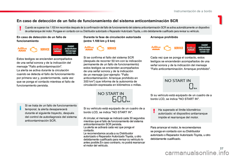 TOYOTA PROACE 2020 Manuale de Empleo (in Spanish) 37
Arranque prohibido
Cada vez que se ponga el contacto, estos
testigos se encenderán acompañados de una señal sonora y de la indicación del mensaje "Fallo anticontaminación: Arranque prohib TOYOTA PROACE 2020 Manuale de Empleo (in Spanish) 37
Arranque prohibido
Cada vez que se ponga el contacto, estos
testigos se encenderán acompañados de una señal sonora y de la indicación del mensaje "Fallo anticontaminación: Arranque prohib