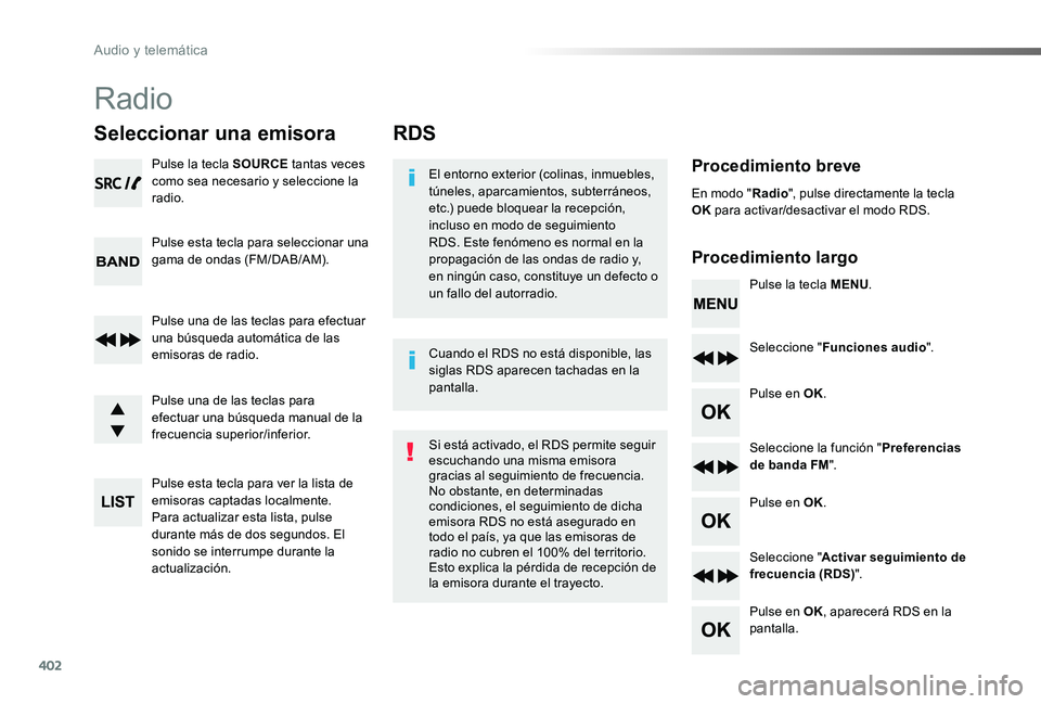 TOYOTA PROACE 2020 Manuale de Empleo (in Spanish) 402
RDS
Procedimiento breve
Procedimiento largo
El entorno exterior (colinas, inmuebles, túneles, aparcamientos, subterráneos, etc.) puede bloquear la recepción, incluso en modo de seguimiento RDS. TOYOTA PROACE 2020 Manuale de Empleo (in Spanish) 402
RDS
Procedimiento breve
Procedimiento largo
El entorno exterior (colinas, inmuebles, túneles, aparcamientos, subterráneos, etc.) puede bloquear la recepción, incluso en modo de seguimiento RDS.
