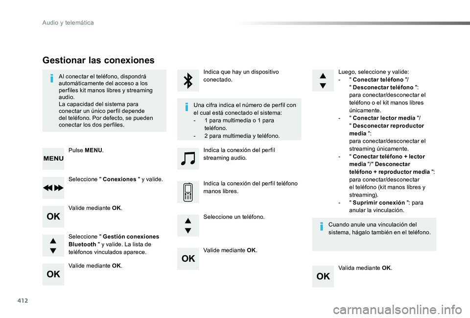 TOYOTA PROACE 2020 Manuale de Empleo (in Spanish) 412
Valide mediante OK.
Valida mediante OK.
Valide mediante OK.
Valide mediante OK.
Al conectar el teléfono, dispondrá automáticamente del acceso a los per files kit manos libres y streaming audio. TOYOTA PROACE 2020 Manuale de Empleo (in Spanish) 412
Valide mediante OK.
Valida mediante OK.
Valide mediante OK.
Valide mediante OK.
Al conectar el teléfono, dispondrá automáticamente del acceso a los per files kit manos libres y streaming audio.